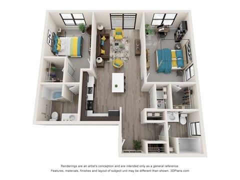 Floor plan for 2 beds, 2 baths, 1056 sqft